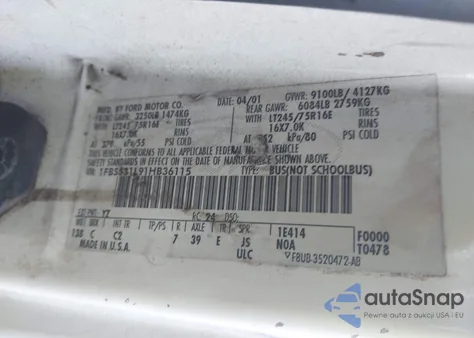 2001 Ford E-350 Super Duty Xl/Xlt from USA, damaged, VIN 1FBSS31L91HB36115